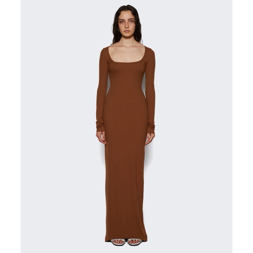 Eterne Square-Neck Long Sleeve Butter Rib Maxi Dress Earth Brown Small - Picture 11 of 11